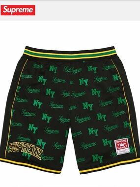 Supreme Black Athletic Shorts with Green NY & Yellow Trim